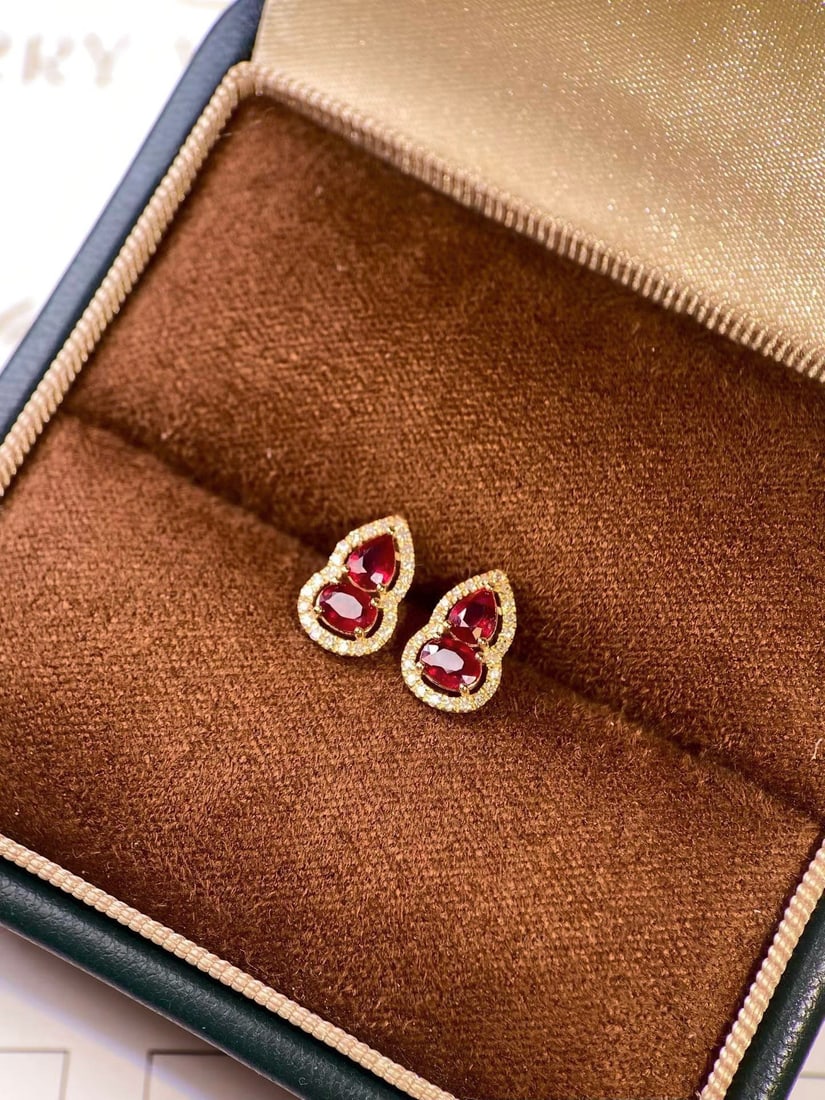 14k Gold 0.75 Ct Natural Ruby & Diamond Earrings - 2