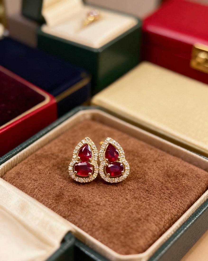 14k Gold 0.75 Ct Natural Ruby & Diamond Earrings - 3