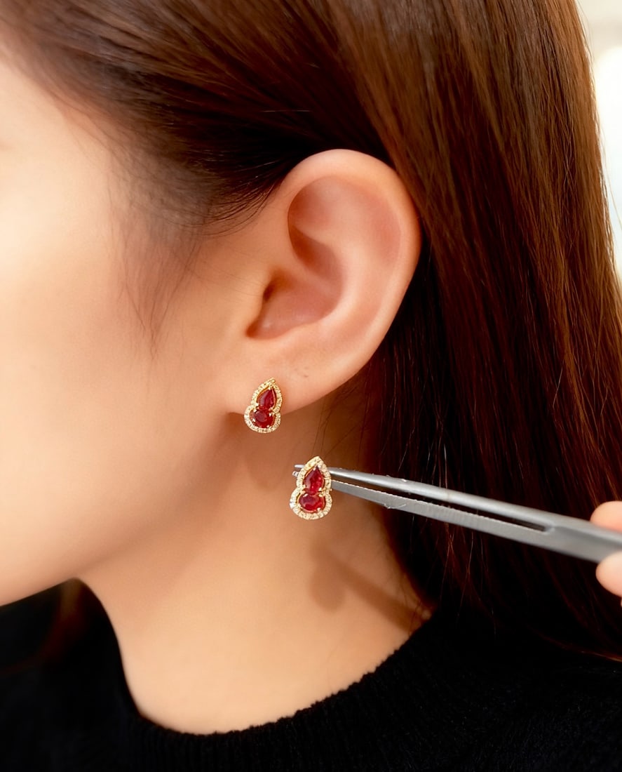 14k Gold 0.75 Ct Natural Ruby & Diamond Earrings - 5