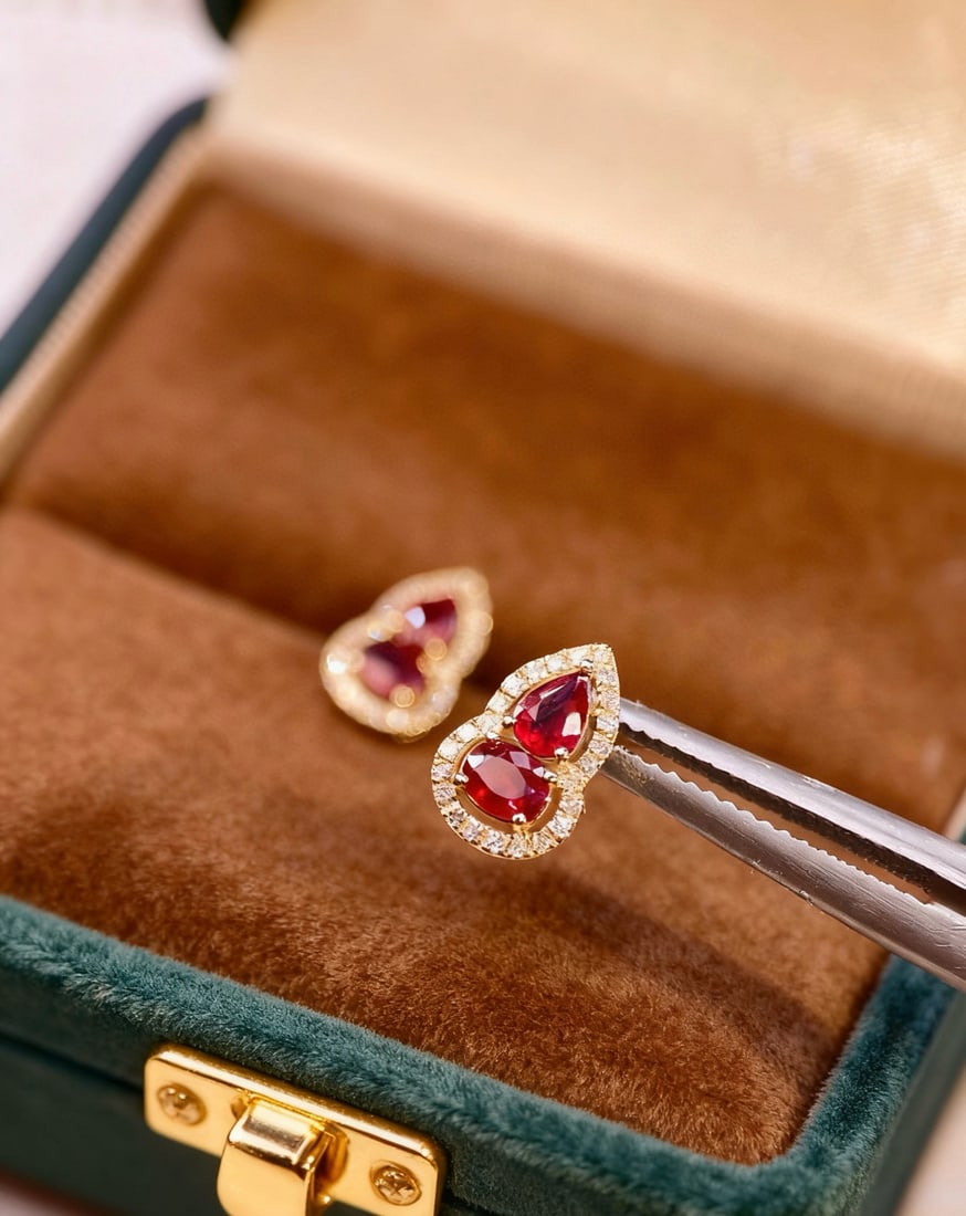 14k Gold 0.75 Ct Natural Ruby & Diamond Earrings - 6