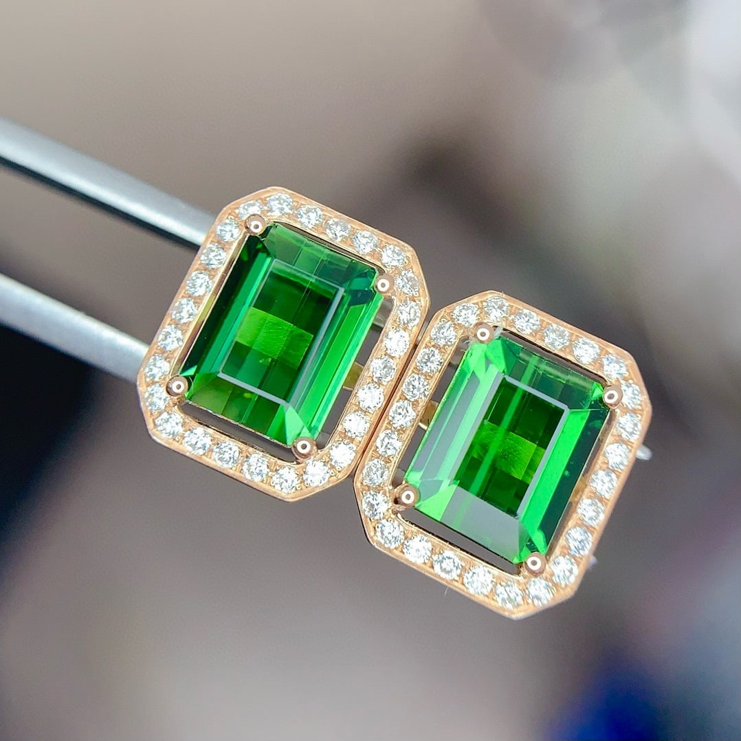 14k Gold 3.5 Ct Natural Tourmaline & Diamond Earrings - 2