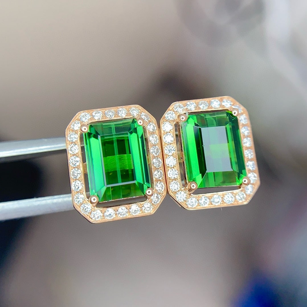 14k Gold 3.5 Ct Natural Tourmaline & Diamond Earrings - 3