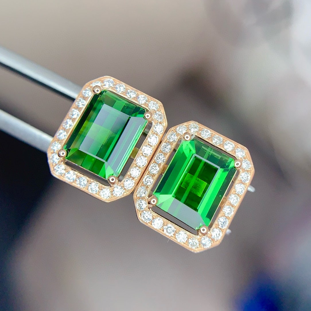 14k Gold 3.5 Ct Natural Tourmaline & Diamond Earrings - 4