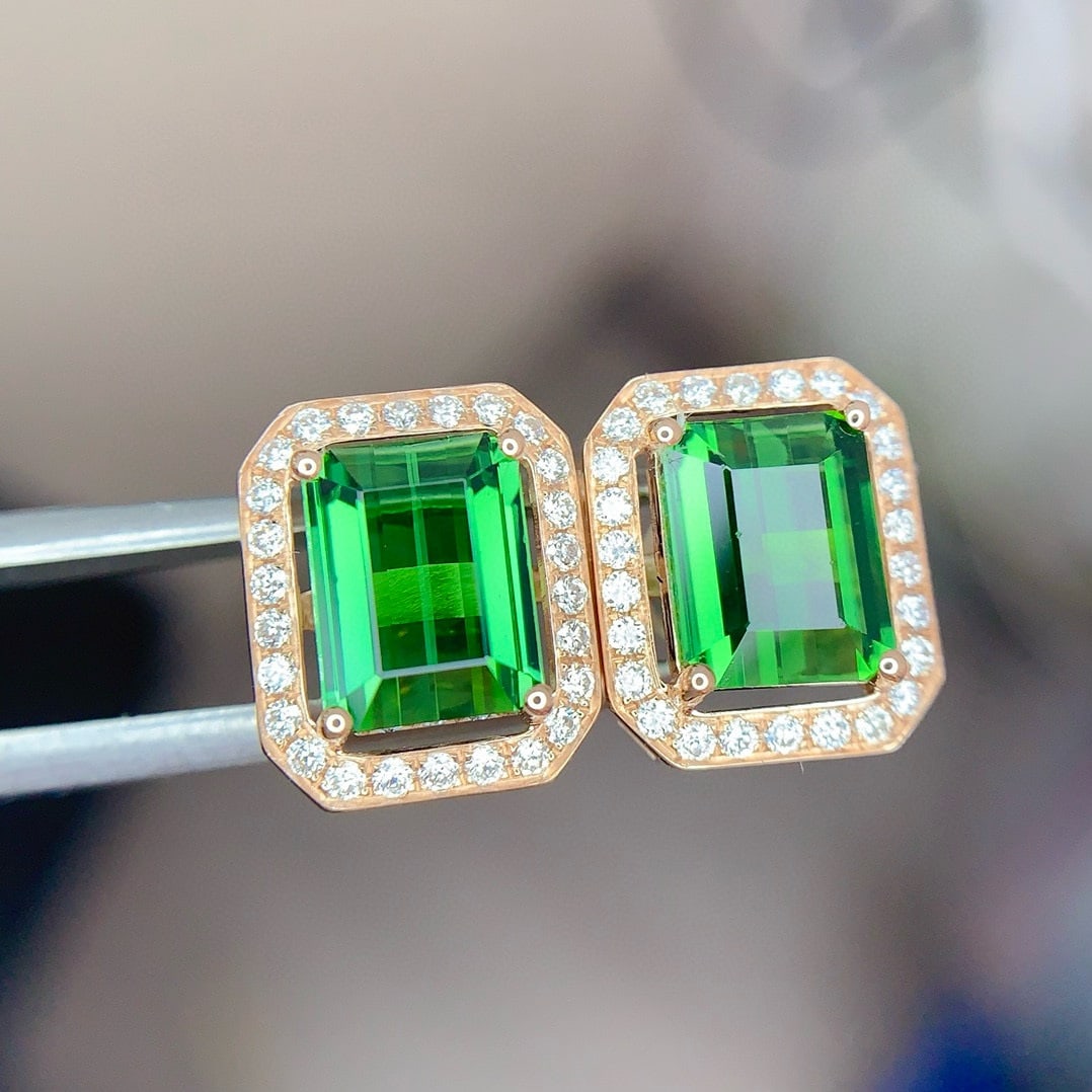 14k Gold 3.5 Ct Natural Tourmaline & Diamond Earrings - 5