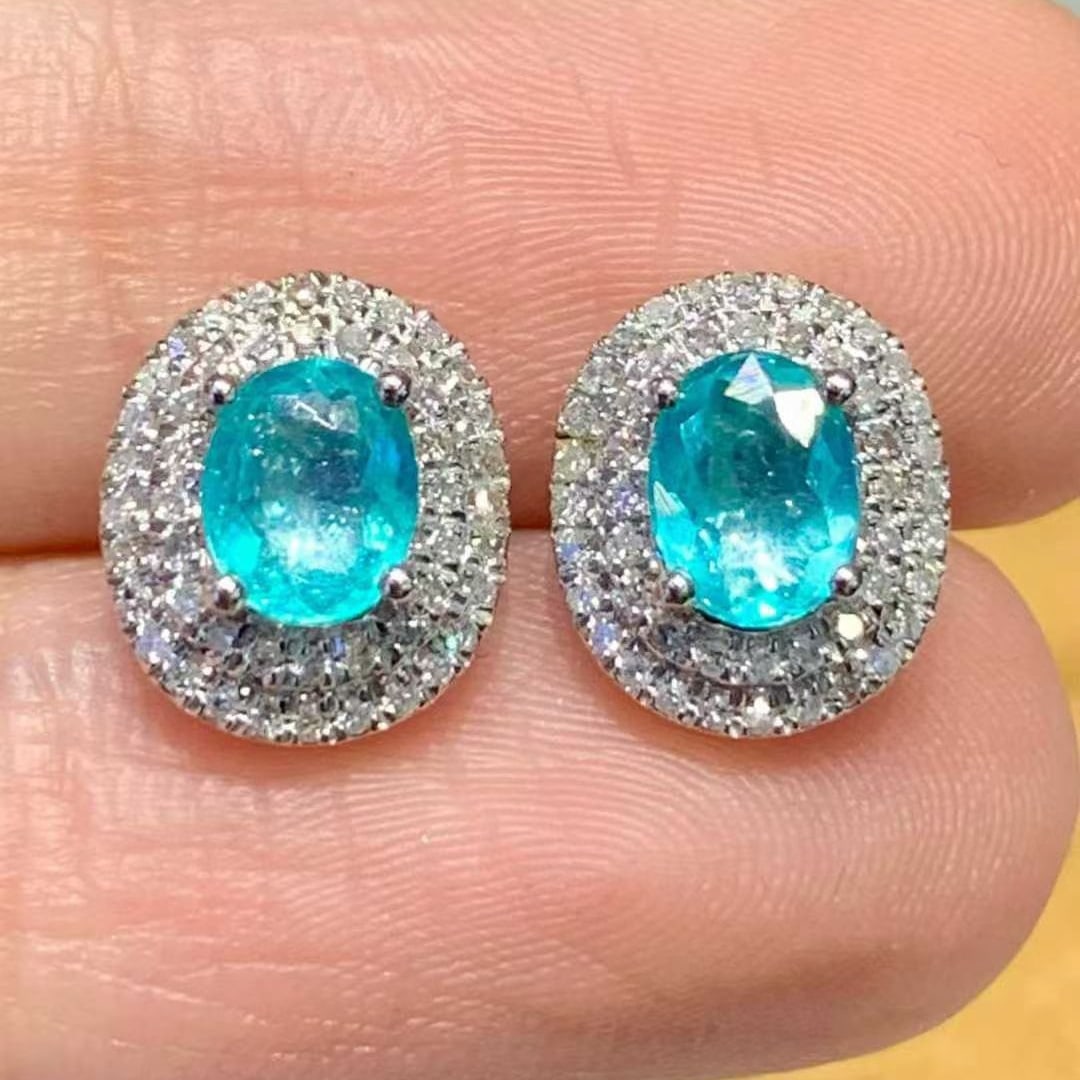14k Gold 0.8 Ct Natural Paraiba Tourmaline & Diamond Earrings - 2