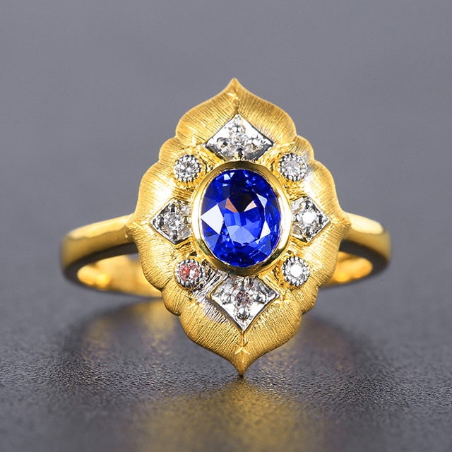 14k Gold 0.96 Ctw Natural Sapphire & Diamond Ring: Ref:231159078 // gold content:14k gold // ring size:7. 25us // // main gemstone:sapphire // shape:oval // carat weight:0. 88ct // color:blue // treatment:natural // // adjacent gemstone 2 : diamond