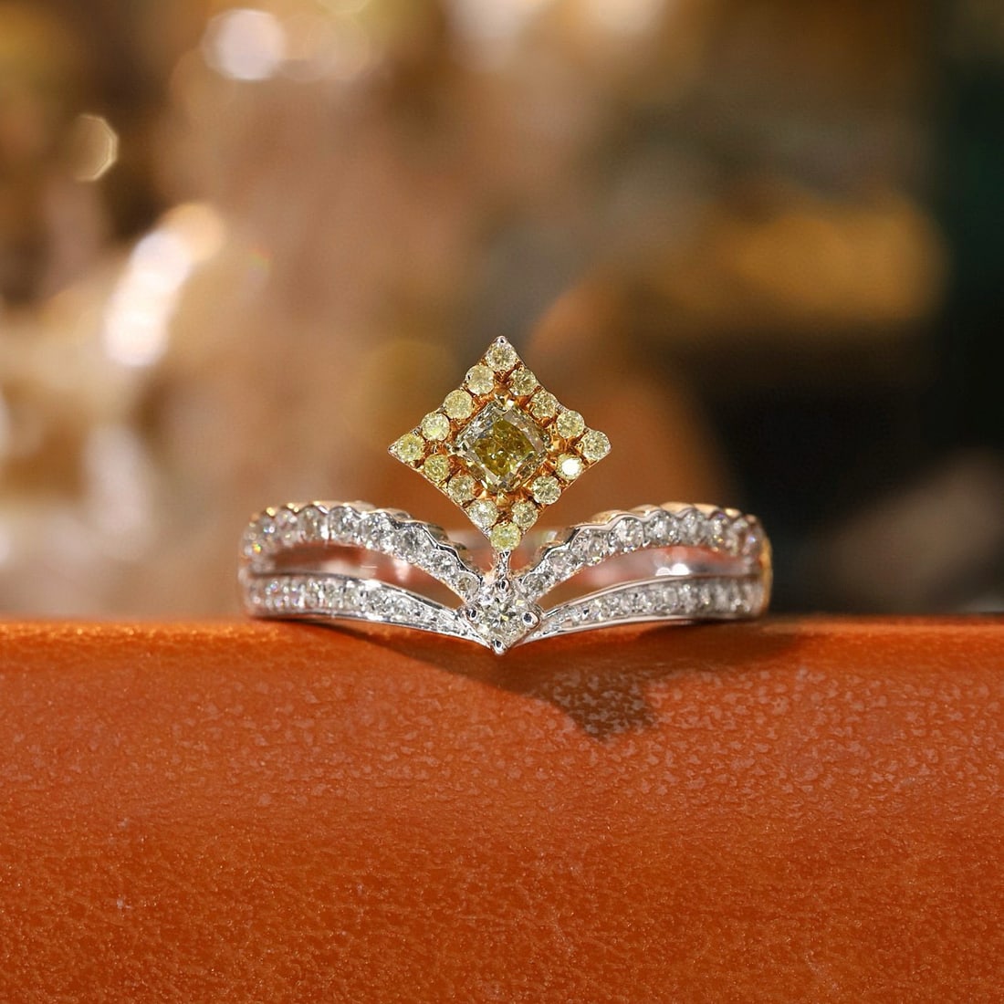 14k Gold 0.52 Ctw Natural Yellow Diamond & Diamond Ring: Ref:231159089 // gold content:14k gold // ring size:7. 25us // // main gemstone:yellow diamond // shape:cushion // carat weight:0. 16ct // color:yellow // treatment:natural // // adjacent gemstone 2