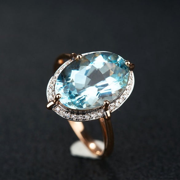 14k Gold 4.7 Ct Natural Aquamarine & Diamond Ring - 7
