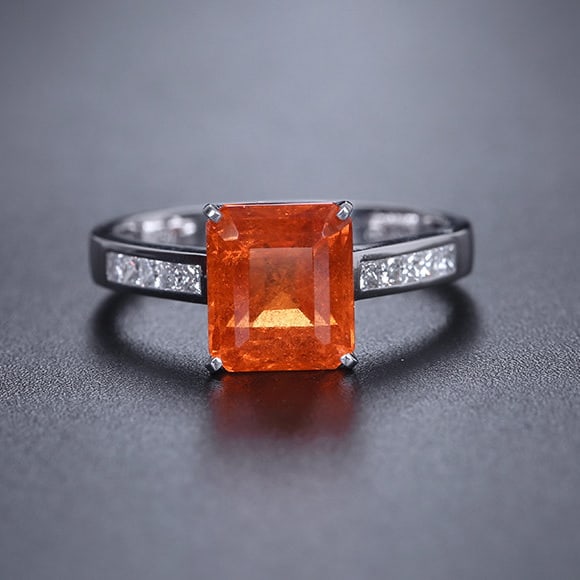 14k Gold 3.89 Ctw Natural Spessartine & Diamond Ring: Ref:231159107 // gold content:14k gold // ring size:7. 25us // // main gemstone:spessartine // shape:octagonal // carat weight:3. 69ct // color:orange // treatment:natural // // adjacent gemstone 2 :
