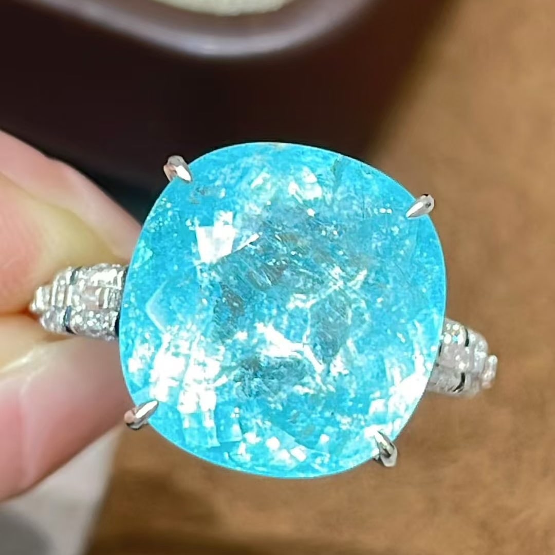 14k Gold 9.6 Ct Natural Paraiba Tourmaline & Diamond Ring - 3
