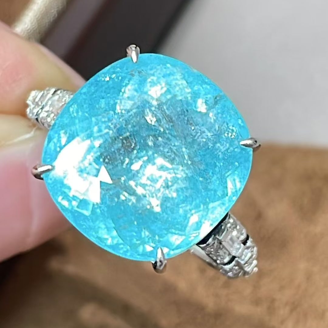 14k Gold 9.6 Ct Natural Paraiba Tourmaline & Diamond Ring - 5