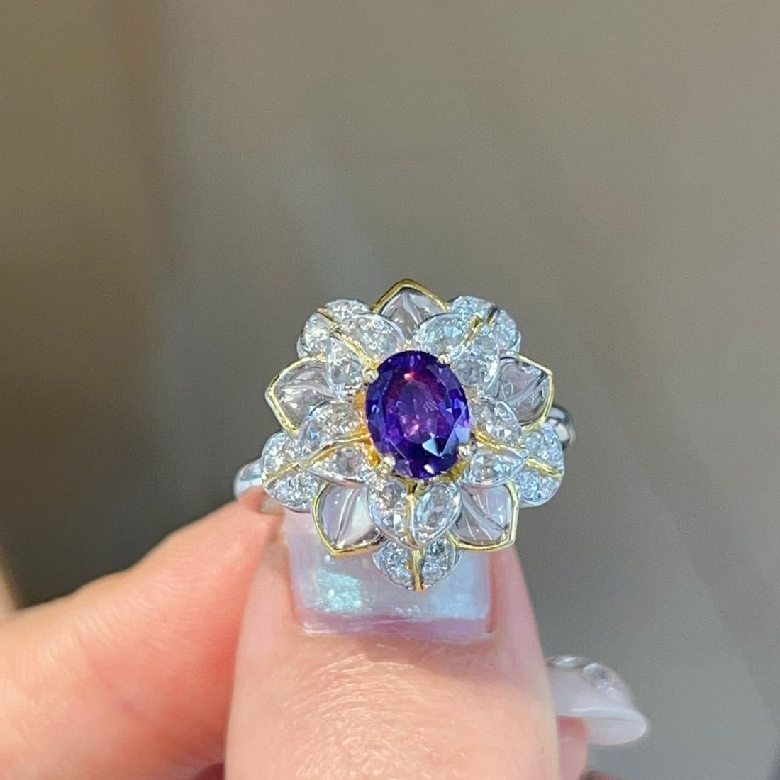 14k Gold 1.49 Ctw Natural Sapphire & Diamond & Flowers Ring - 4