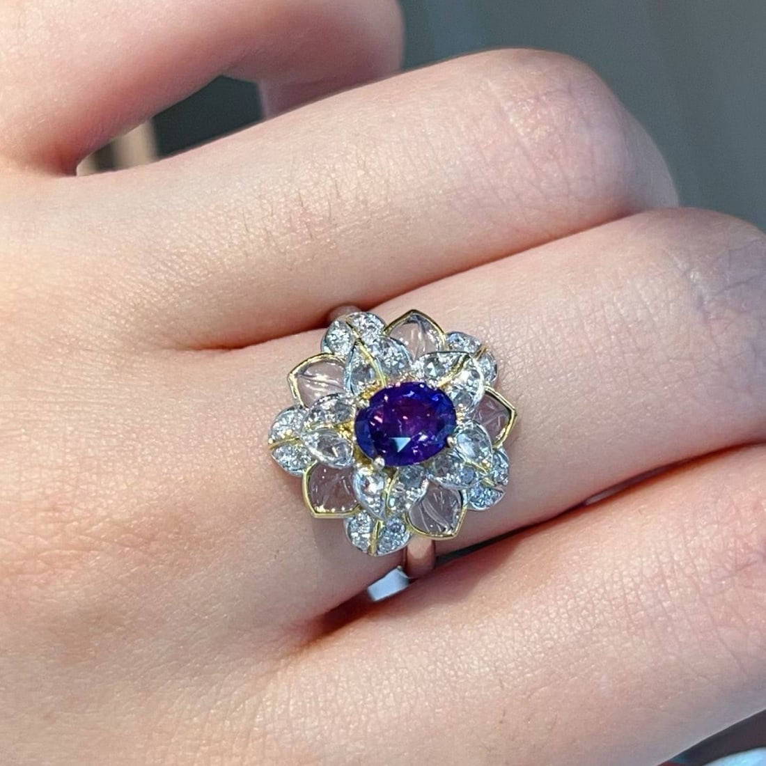 14k Gold 1.49 Ctw Natural Sapphire & Diamond & Flowers Ring - 6