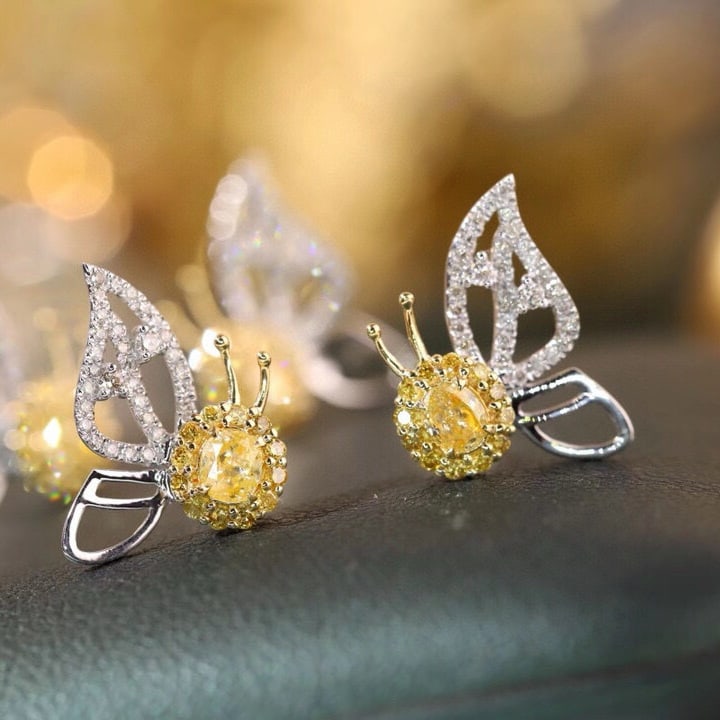 14k Gold 0.70 Ctw Natural Yellow Diamond & Diamond & Butterfly Earrings - 2