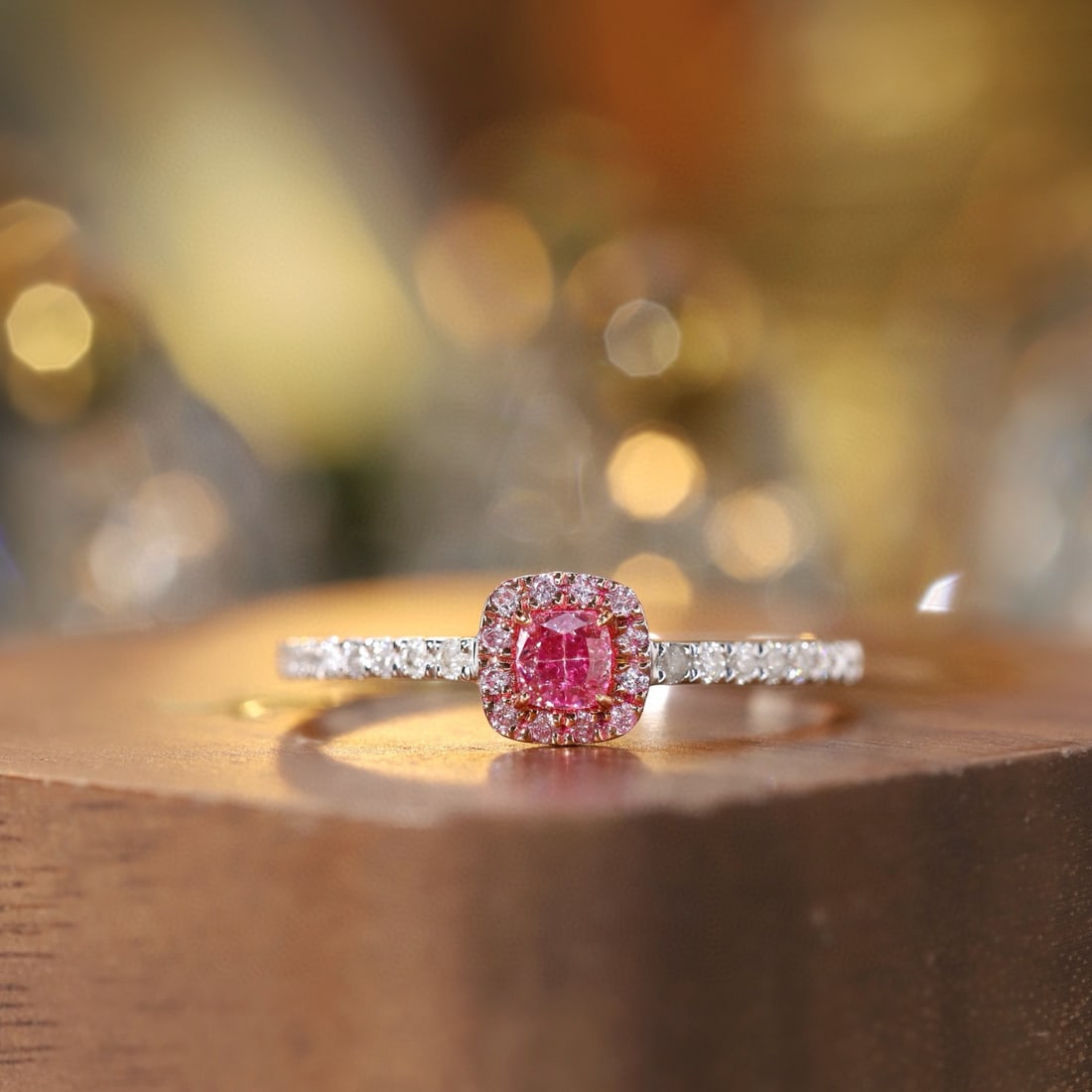 14k Gold 0.40 Ctw Natural Pink Diamond & Diamond Ring: Ref:231159137 // gold content:14k gold // ring size:7. 25us // // main gemstone:pink diamond // shape:cushion // carat weight:0. 20ct // color:pink // treatment:natural // // adjacent gemstone 2 :