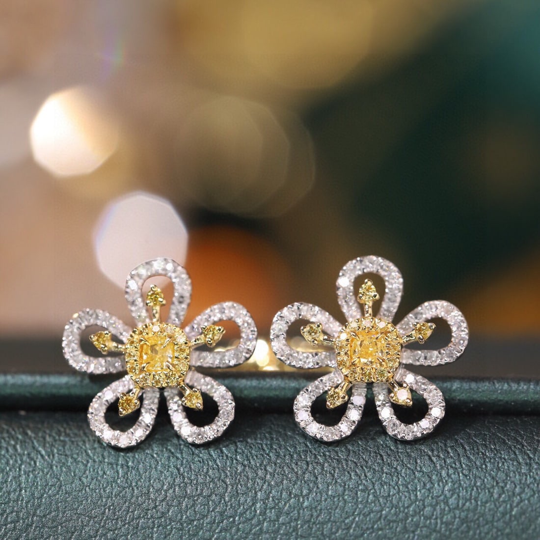 14k Gold 0.60 Ctw Natural Yellow Diamond & Diamond & Flowers Earrings: Ref:231159142 // gold content:14k gold // main gemstone:yellow diamond // shape:cushion // carat weight:0. 14ct // color:yellow // treatment:natural // // adjacent gemstone 2 : diamond // shape:round