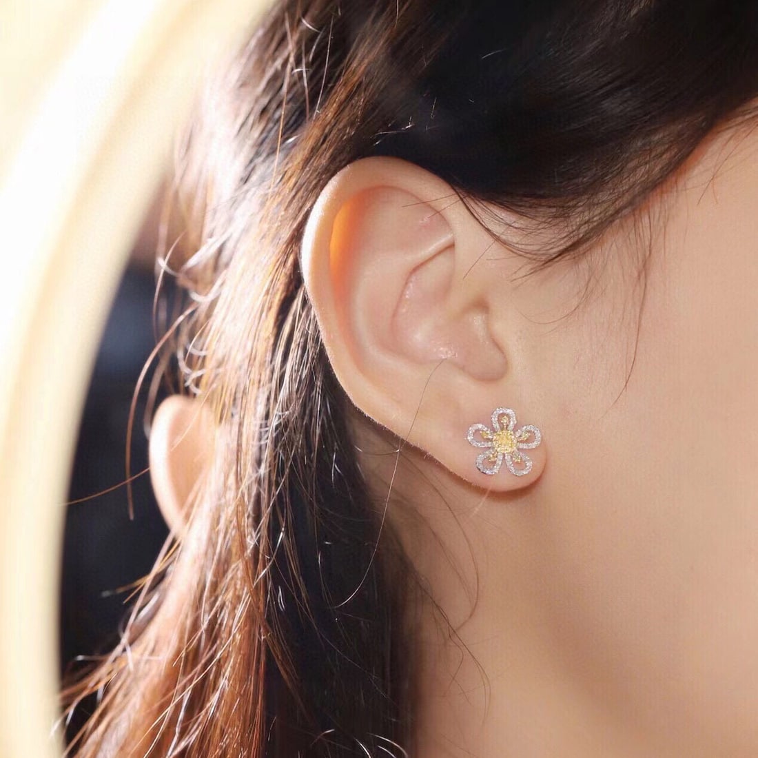 14k Gold 0.60 Ctw Natural Yellow Diamond & Diamond & Flowers Earrings - 8