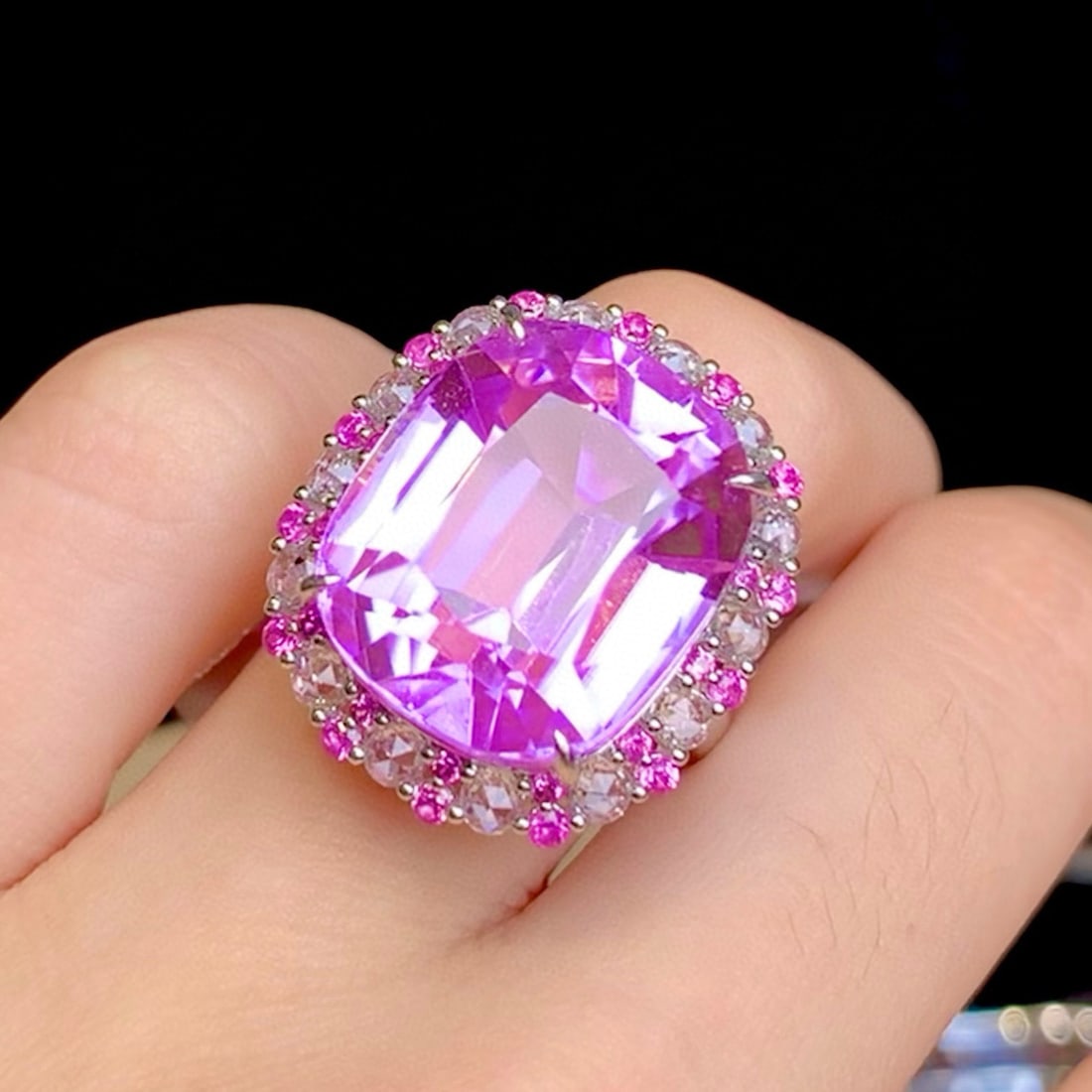14k Gold 25.8 Ct Natural Kunzite & Sapphire Ring - 6