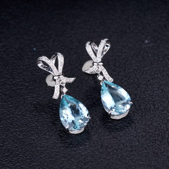 14k Gold 6.14 Ct Natural Aquamarine & Diamond Earrings - 2