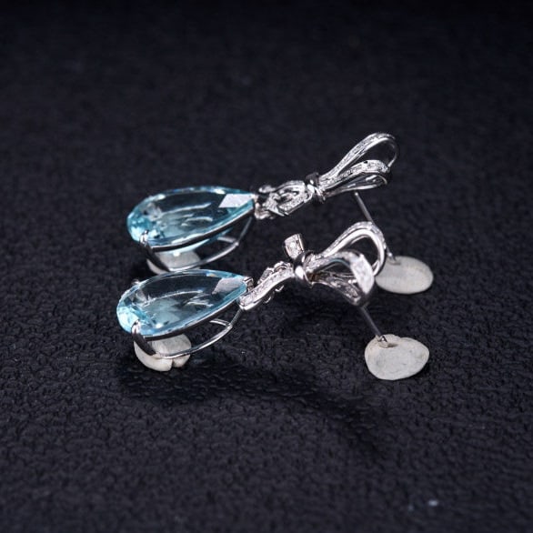 14k Gold 6.14 Ct Natural Aquamarine & Diamond Earrings - 4