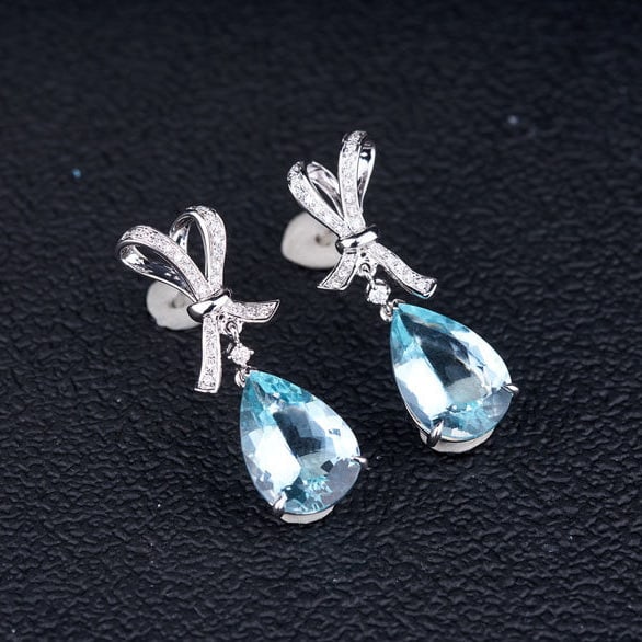 14k Gold 6.14 Ct Natural Aquamarine & Diamond Earrings - 6