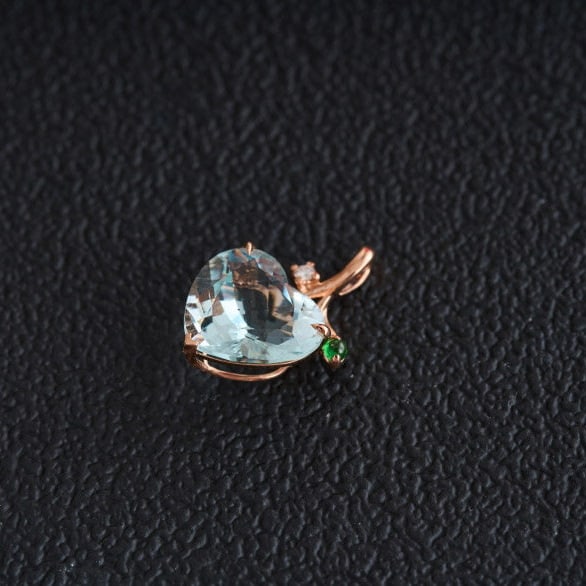 14k Gold 3.77 Ct Natural Aquamarine & Diamond & Tsavorite Pendant( Without Chain ) - 6