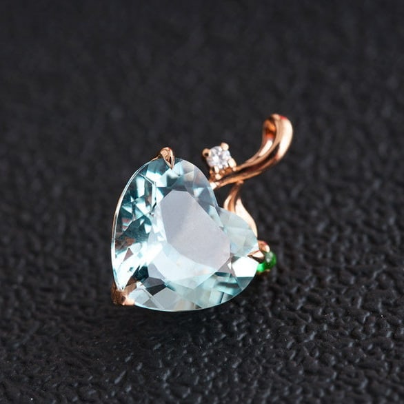 14k Gold 3.77 Ct Natural Aquamarine & Diamond & Tsavorite Pendant( Without Chain ) - 7