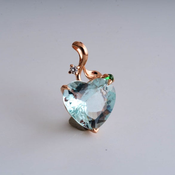 14k Gold 3.77 Ct Natural Aquamarine & Diamond & Tsavorite Pendant( Without Chain ) - 8