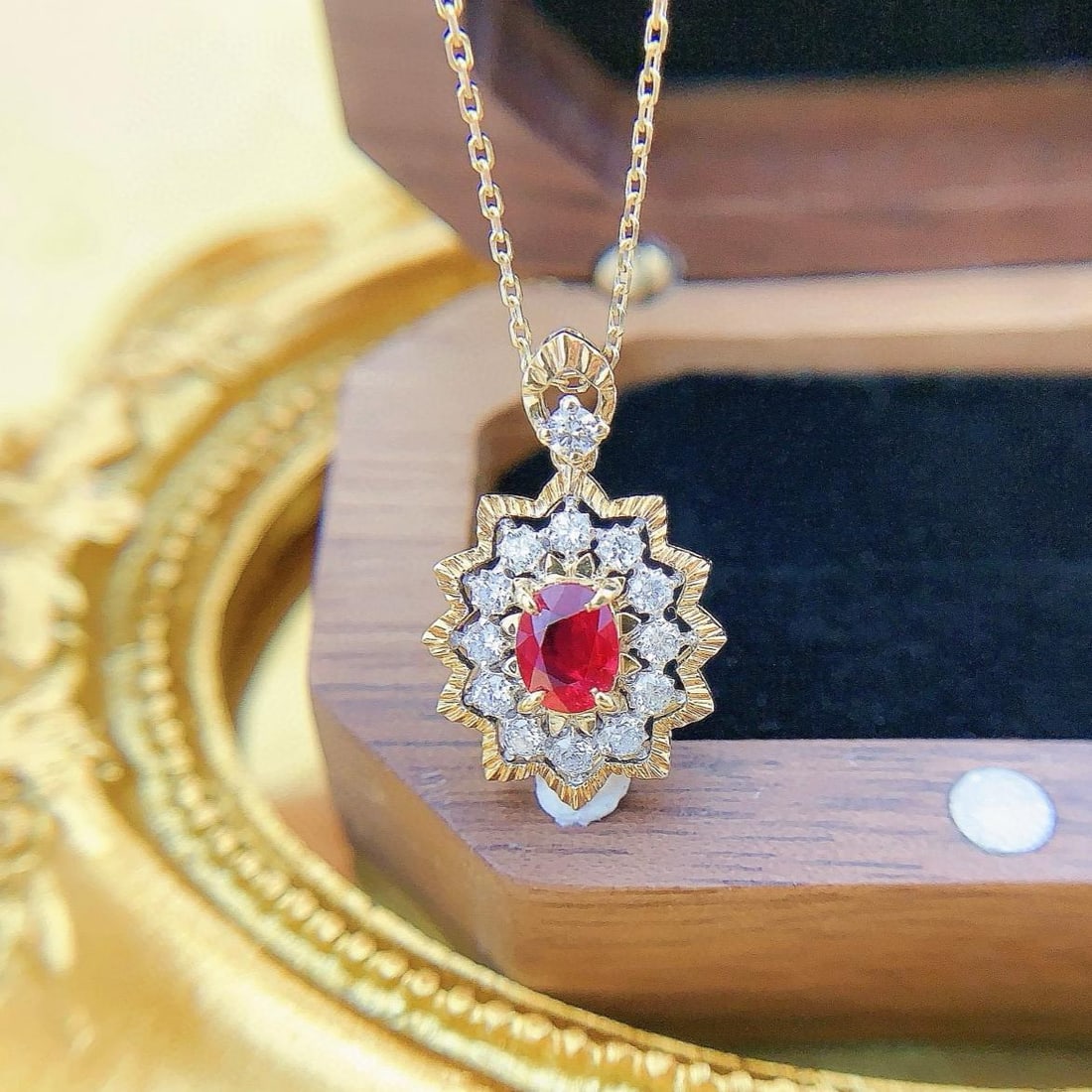 14k Gold 0.81 Ctw Natural Ruby & Diamond Necklace: Ref:231159176 // gold content:14k gold // main gemstone:ruby // shape:oval // carat weight:0. 55ct // color:red // treatment:natural // // adjacent gemstone 2 : diamond // shape:round // carat