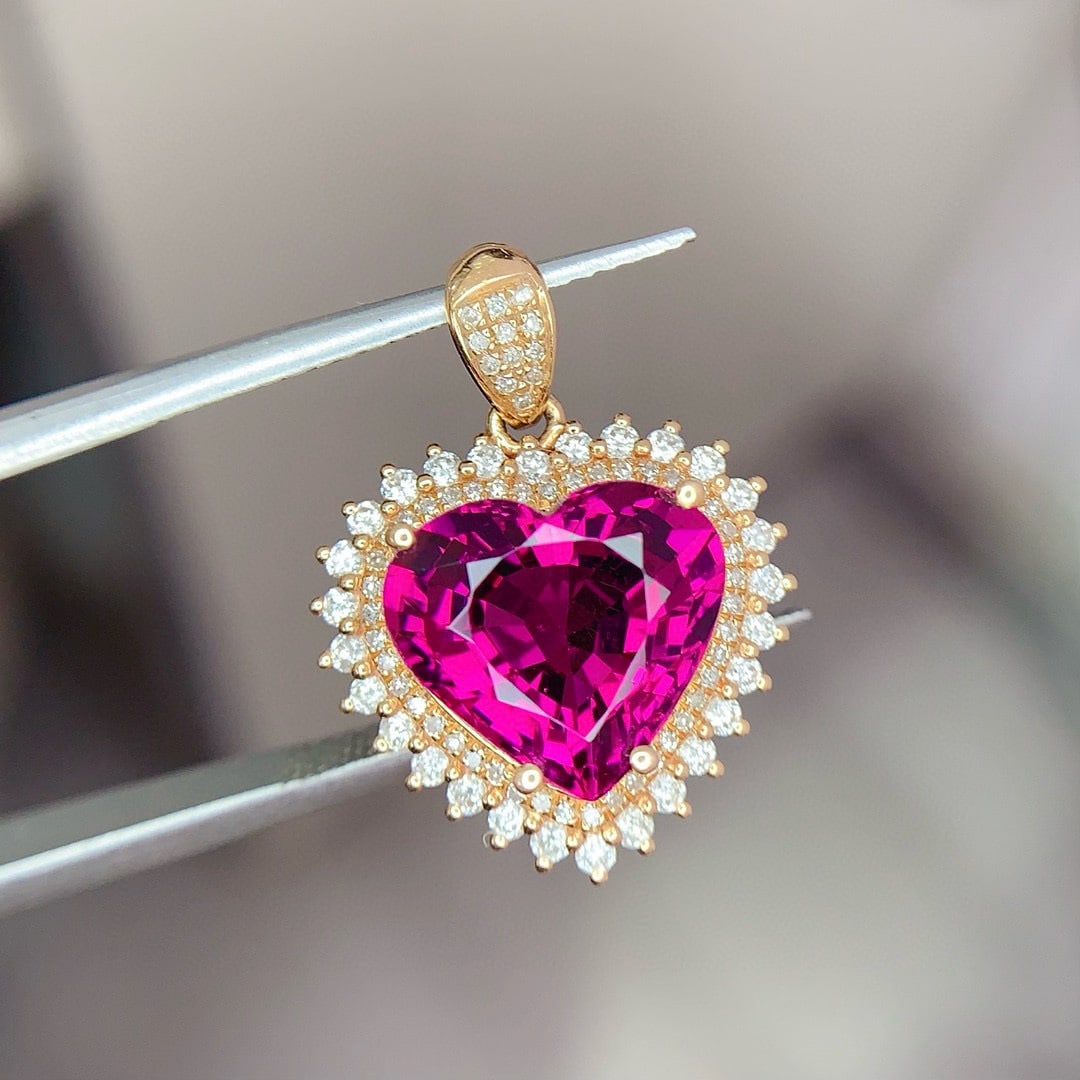 14k Gold 5 Ct Natural Tourmaline & Diamond Pendant( Without Chain ) - 3