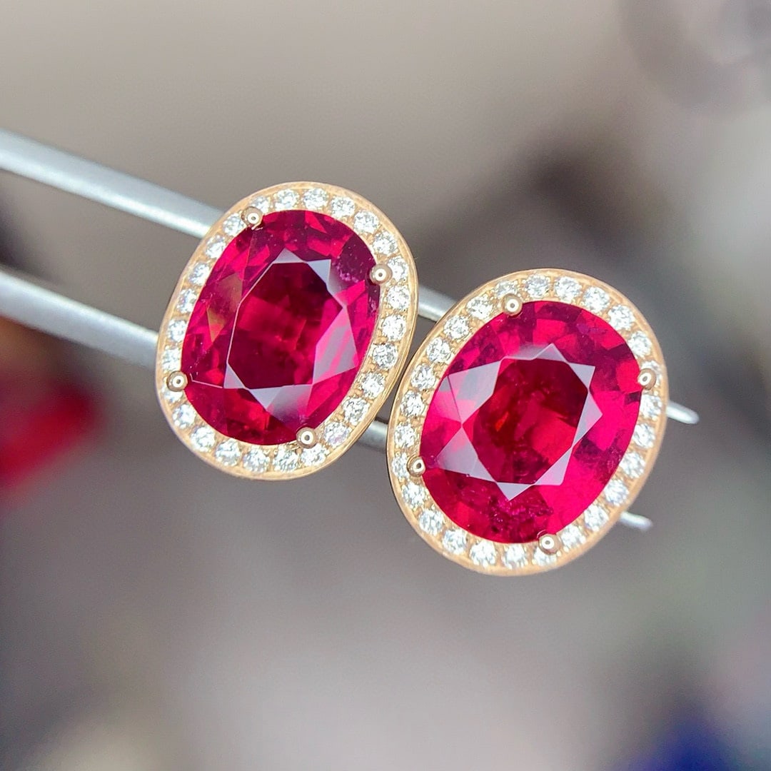 14k Gold 3.58 Ct Natural Tourmaline & Diamond Earrings - 2