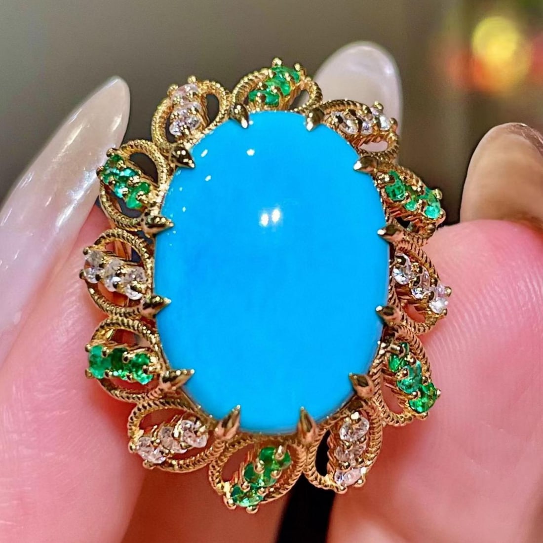 14k Gold 9.33 Ctw Natural Blue Turquoise & Diamond Ring (1 of 5)