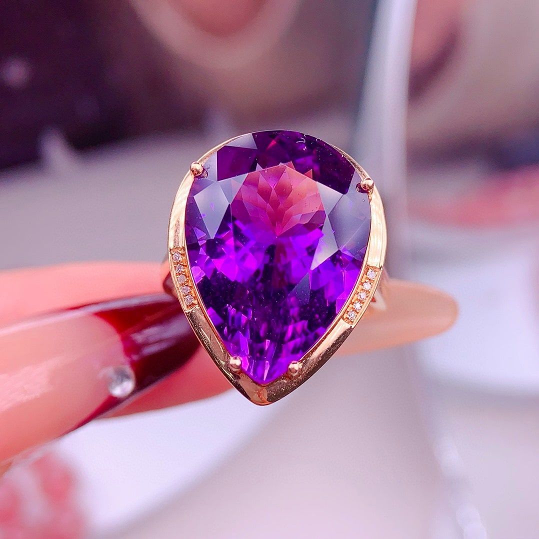 14k Gold 13.5 Ct Natural Amethyst & Diamond Ring - 3