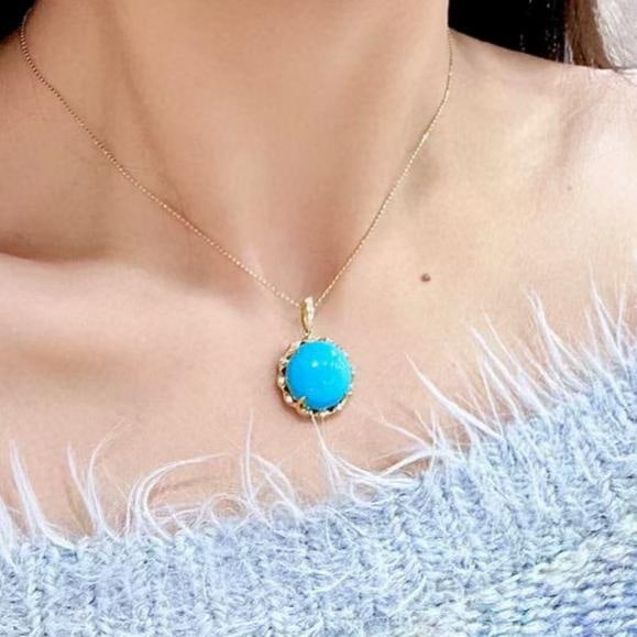 14k Gold 10.50 Ctw Natural Blue Turquoise & Diamond Pendant( Without Chain ) - 2