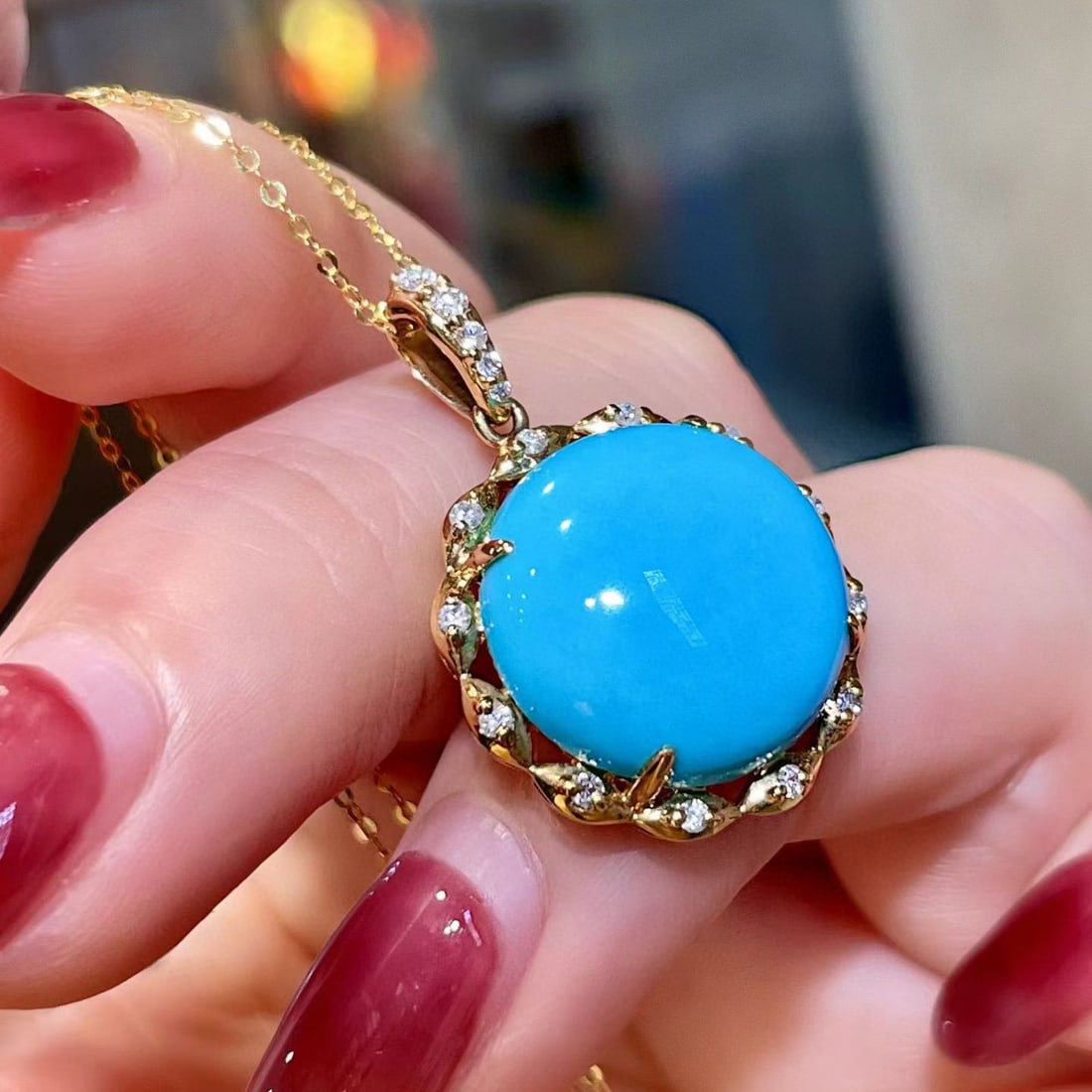 14k Gold 10.50 Ctw Natural Blue Turquoise & Diamond Pendant( Without Chain ) - 3