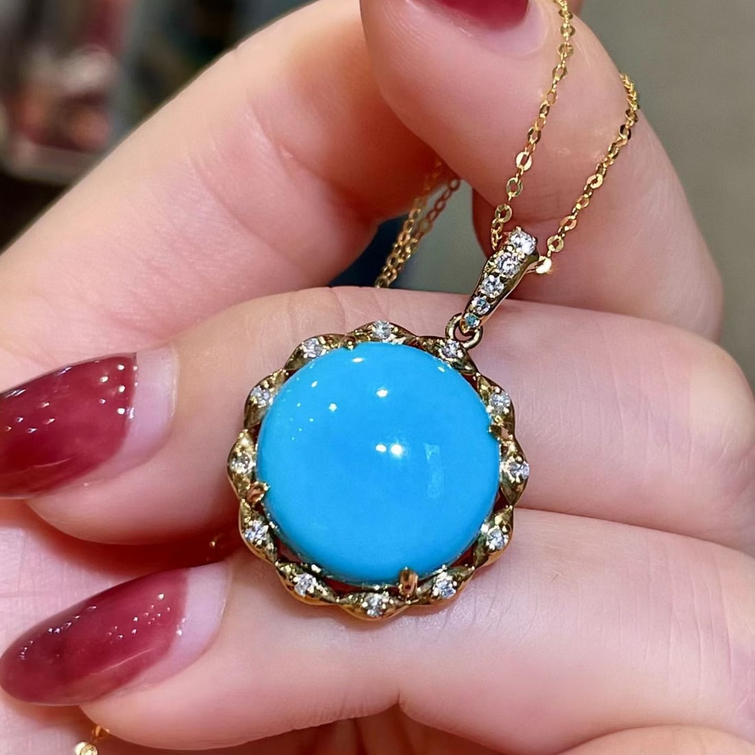 14k Gold 10.50 Ctw Natural Blue Turquoise & Diamond Pendant( Without Chain ) - 4