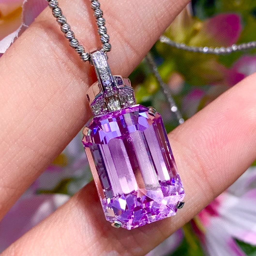14k Gold 22 Ct Natural Kunzite & Diamond Pendant( Without Chain ) - 2