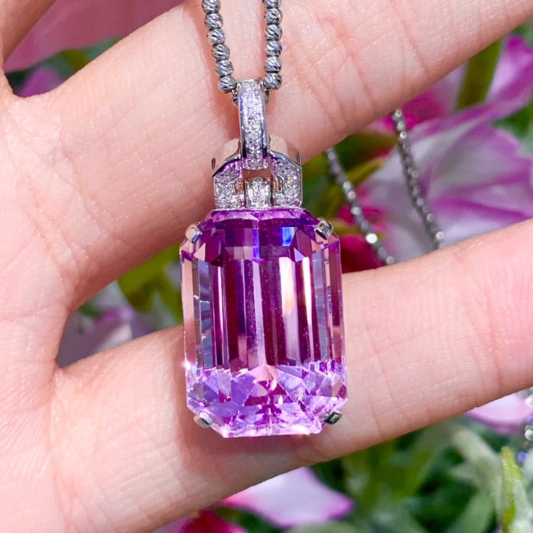 14k Gold 22 Ct Natural Kunzite & Diamond Pendant( Without Chain ) - 4