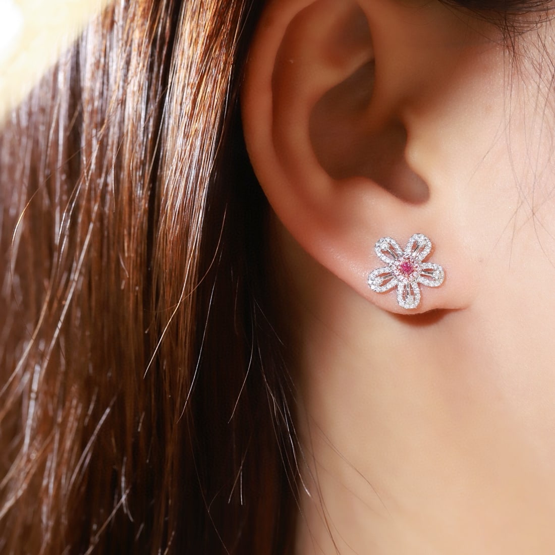14k Gold 0.56 Ctw Natural Pink Diamond & Diamond & Flowers Earrings - 4