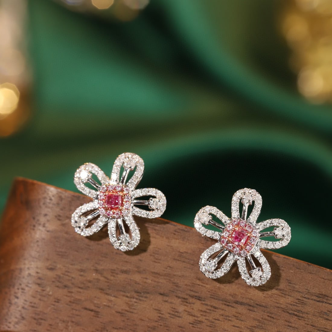 14k Gold 0.56 Ctw Natural Pink Diamond & Diamond & Flowers Earrings - 5