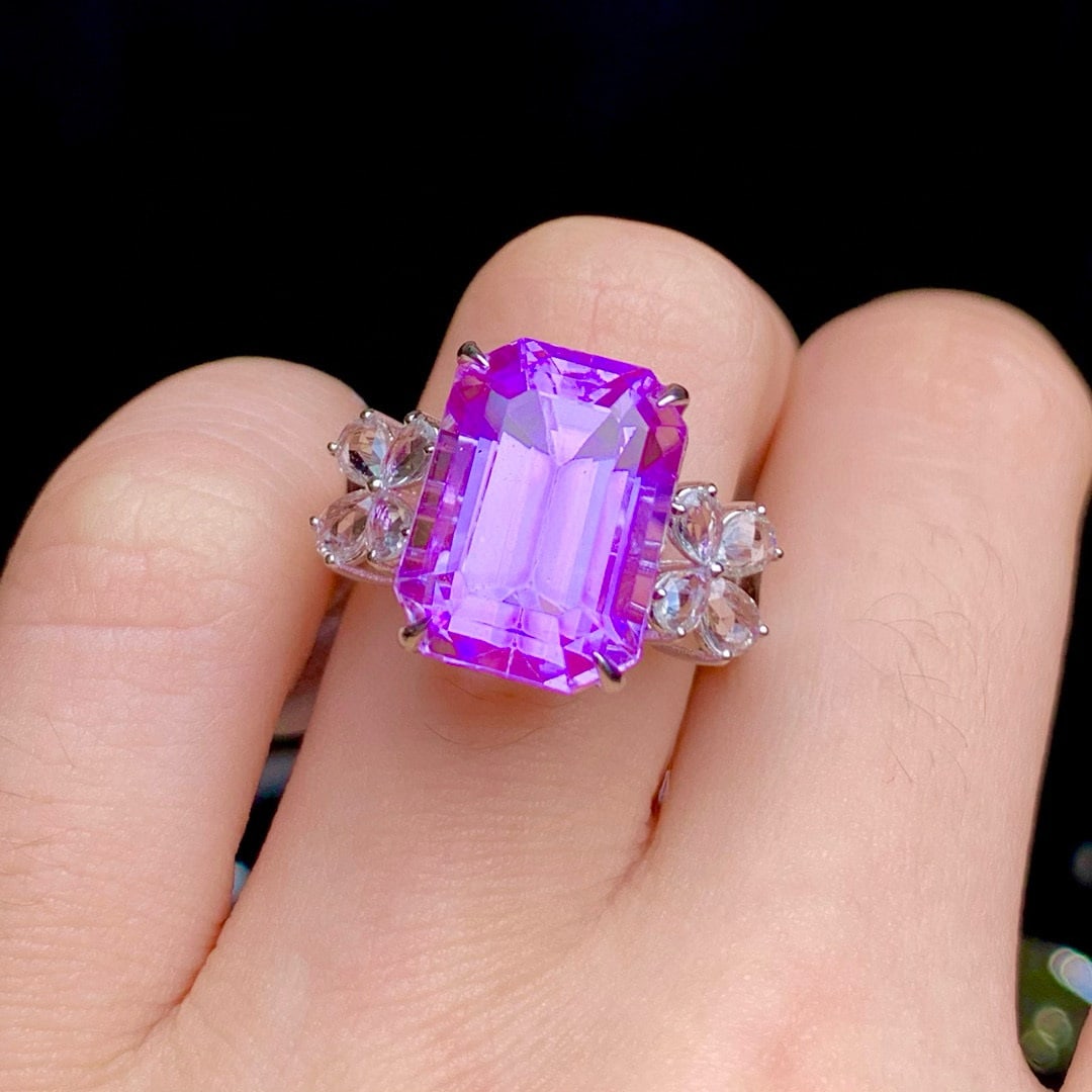 14k Gold 11.5 Ct Natural Kunzite & Sapphire Ring - 4