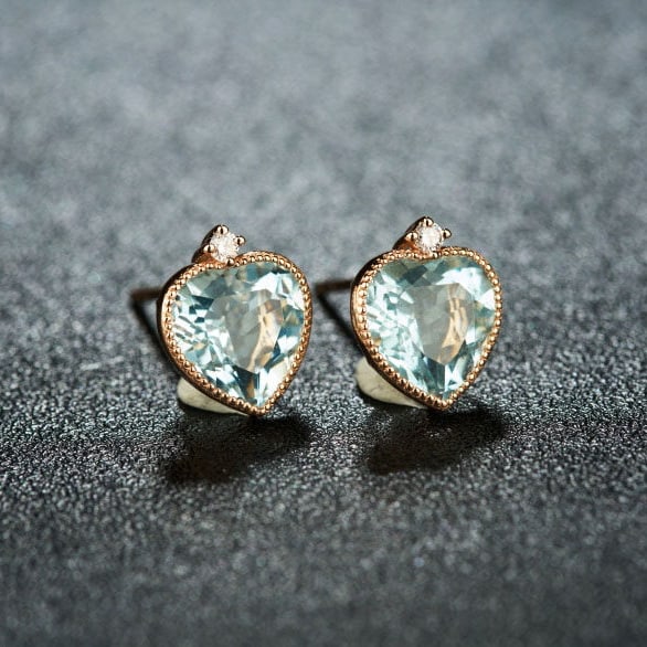 14k Gold 2.86 Ct Natural Aquamarine & Diamond Earrings - 2