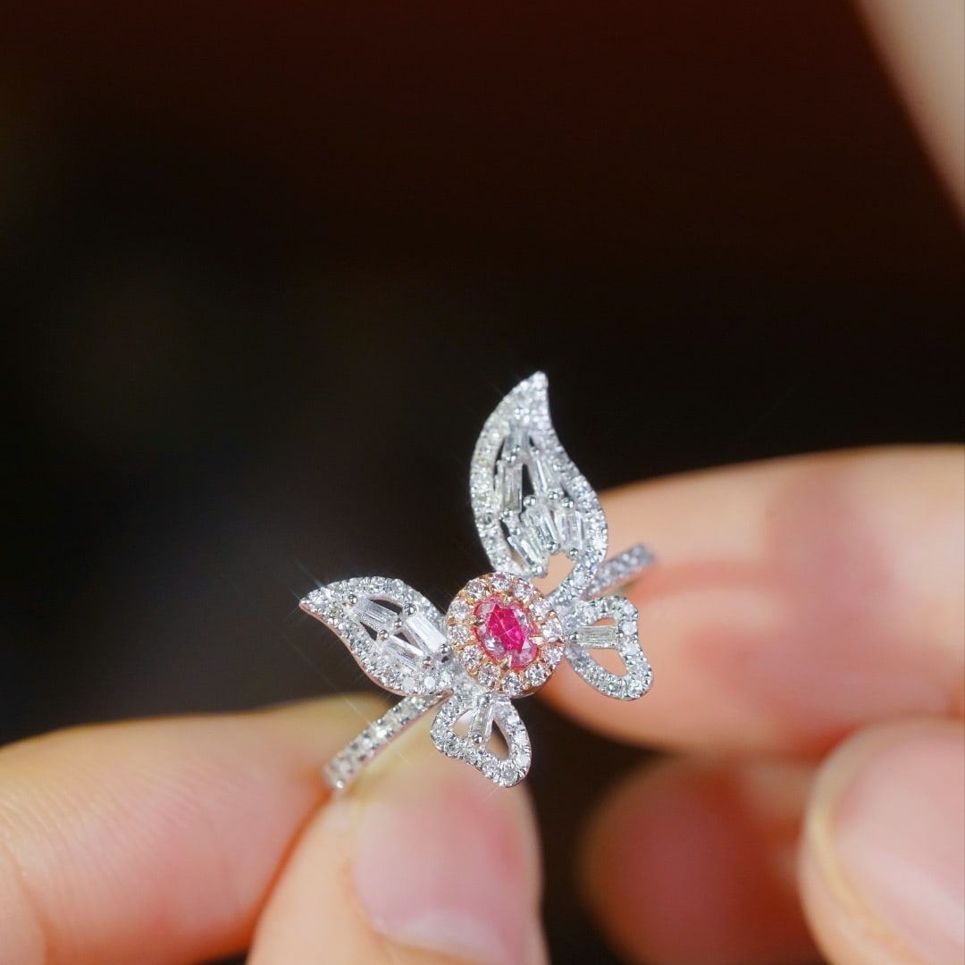 14k Gold 0.60 Ctw Natural Pink Diamond & Diamond & Butterfly Ring: Ref:231160141 // gold content:14k gold // ring size:7. 25us // // main gemstone:pink diamond // shape:oval // carat weight:0. 14ct // color:pink // treatment:natural // // adjacent gemstone 2 :