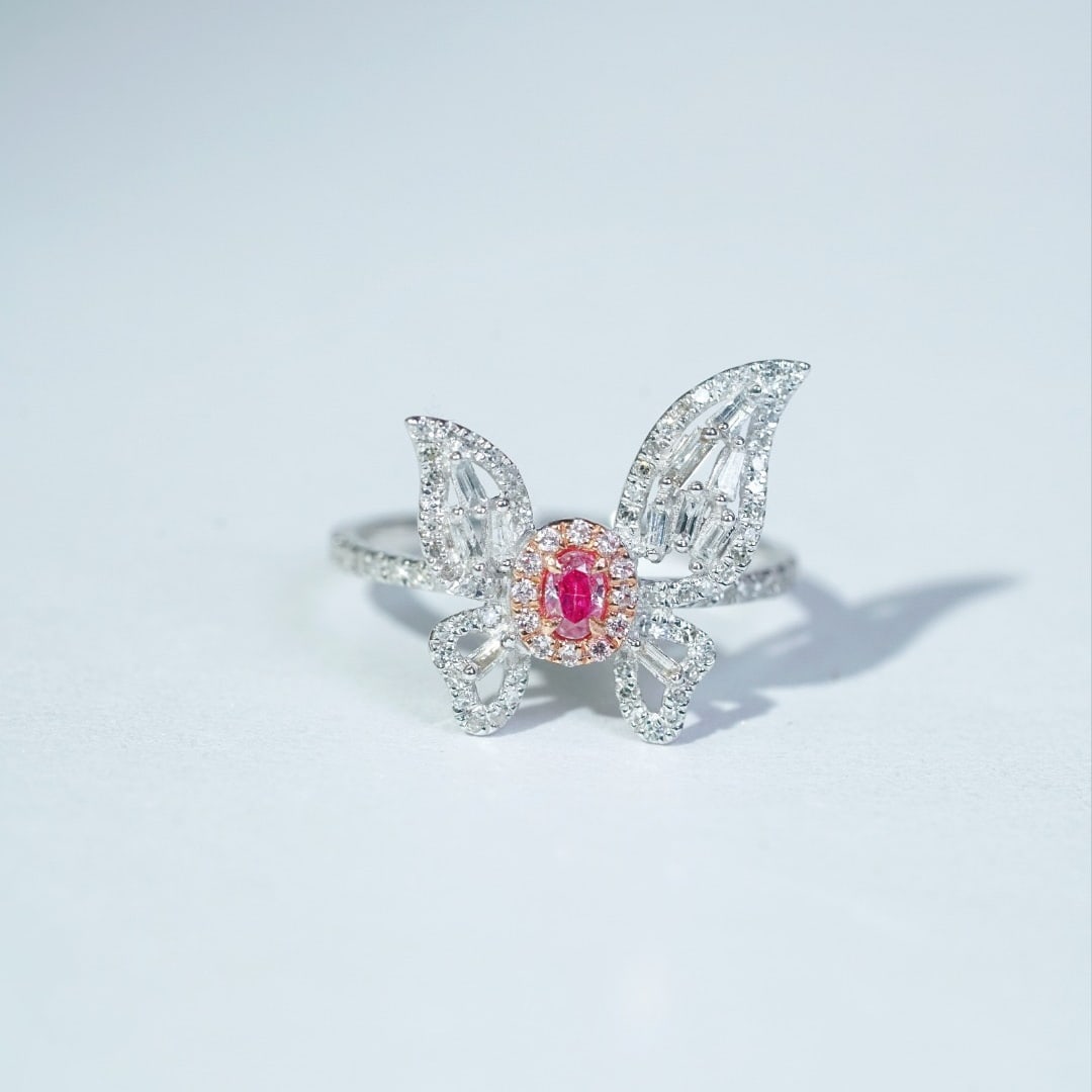 14k Gold 0.60 Ctw Natural Pink Diamond & Diamond & Butterfly Ring - 2