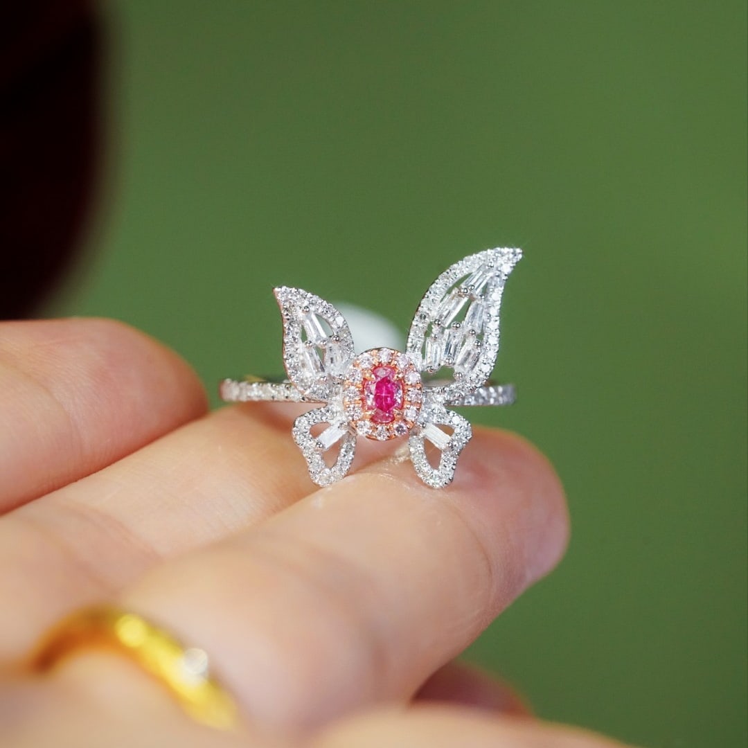 14k Gold 0.60 Ctw Natural Pink Diamond & Diamond & Butterfly Ring - 3
