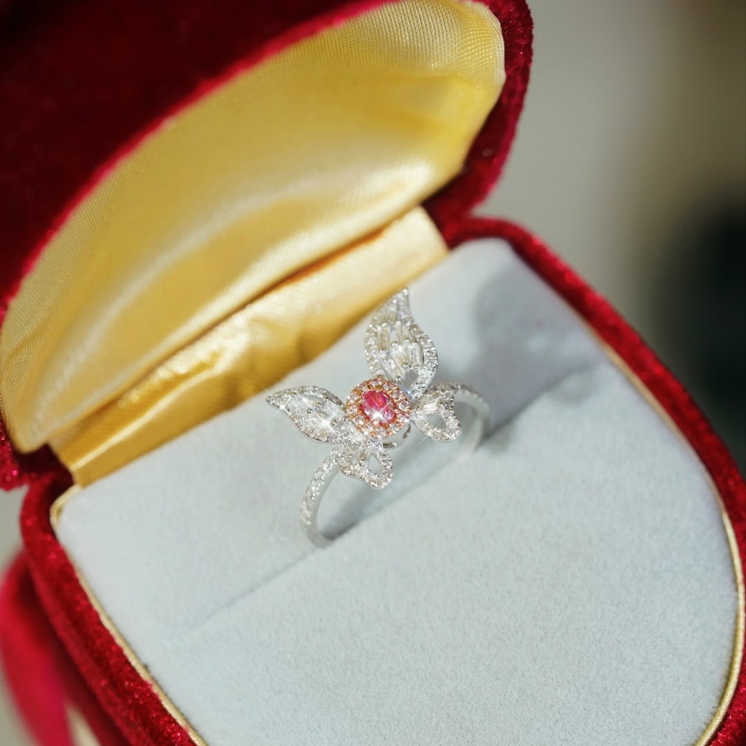 14k Gold 0.60 Ctw Natural Pink Diamond & Diamond & Butterfly Ring - 5