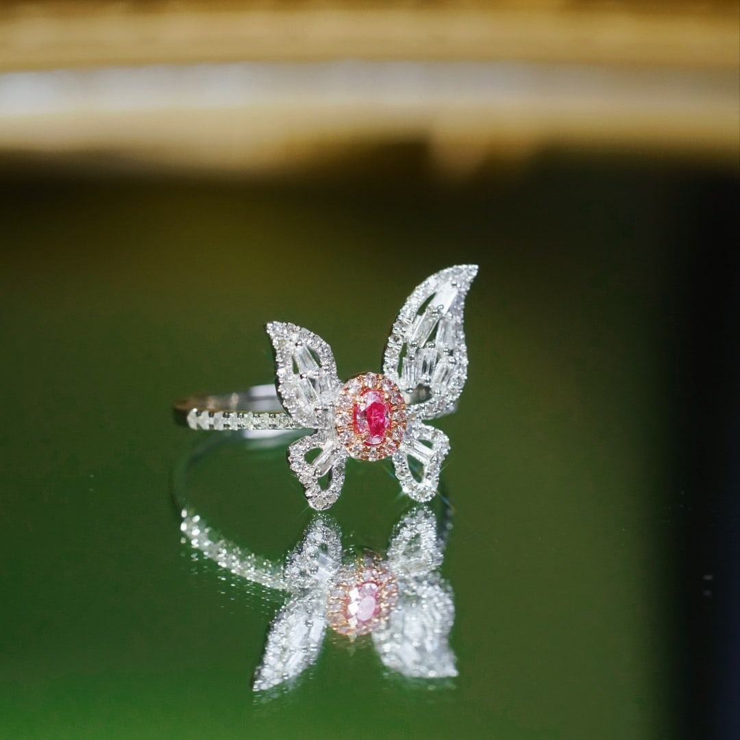 14k Gold 0.60 Ctw Natural Pink Diamond & Diamond & Butterfly Ring - 6