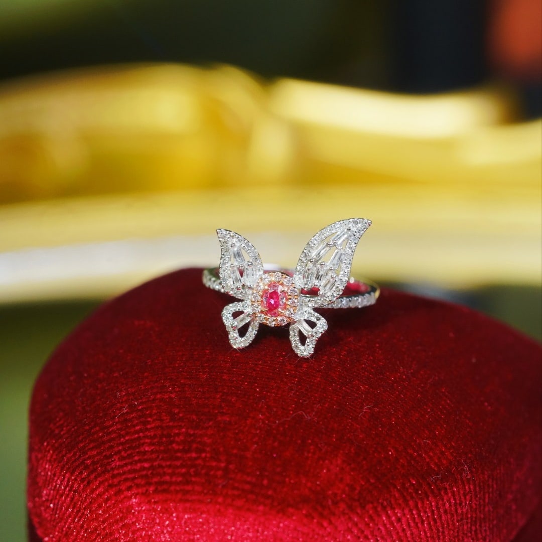 14k Gold 0.60 Ctw Natural Pink Diamond & Diamond & Butterfly Ring - 7