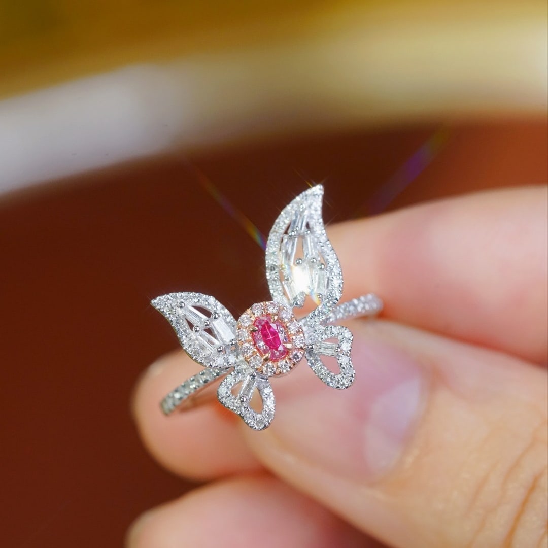 14k Gold 0.60 Ctw Natural Pink Diamond & Diamond & Butterfly Ring - 8