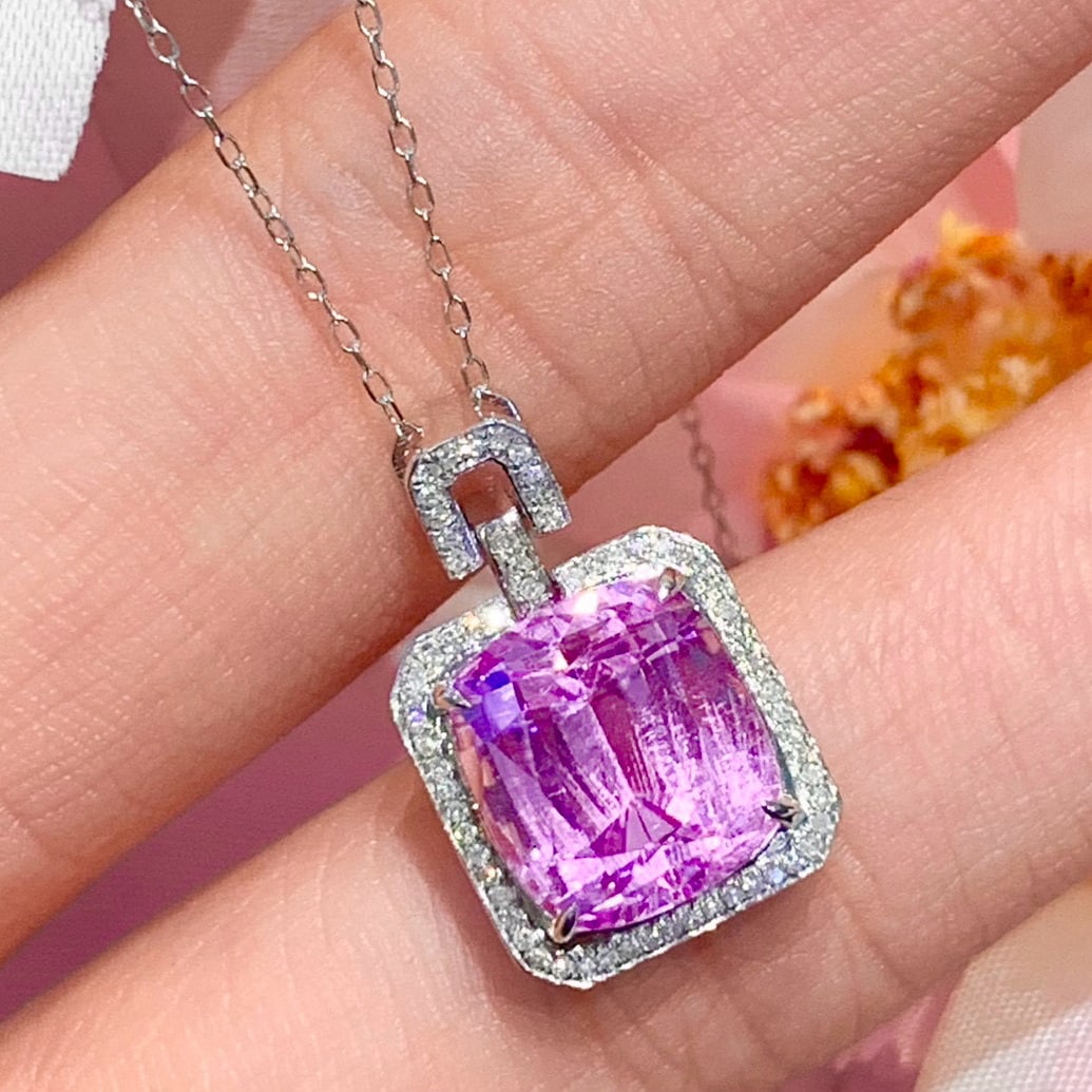 14k Gold 6.65 Ct Natural Kunzite & Diamond Pendant( Without Chain ) - 4